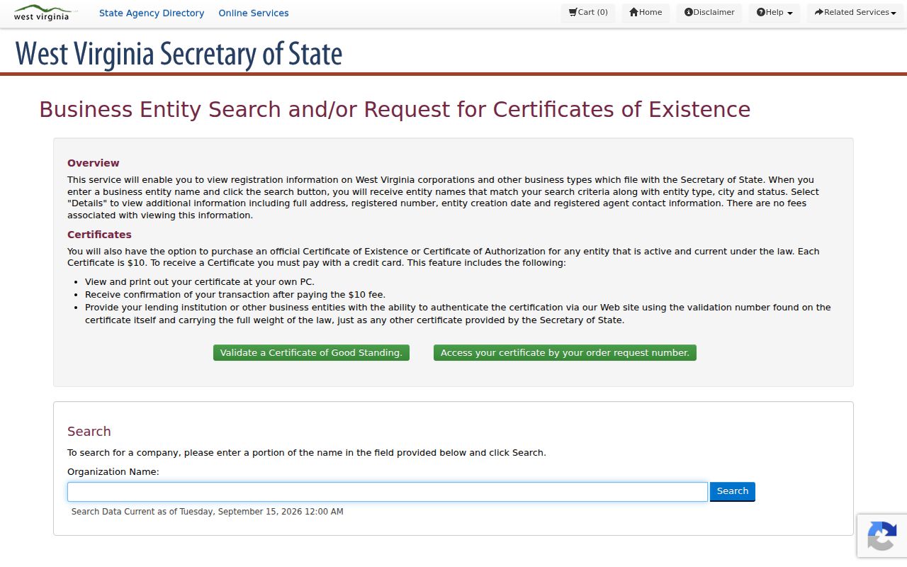 Calhoun County property owner research using the West Virginia business entity name search