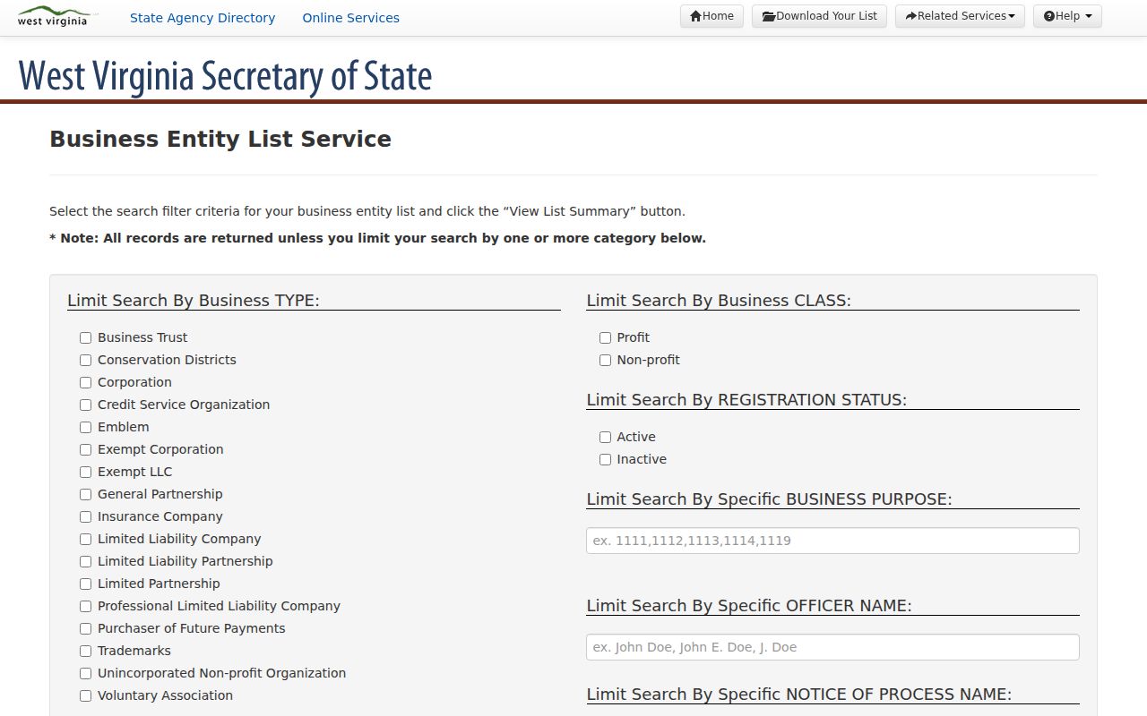 West Virginia advanced business list filters that can help interpret an entity named in a Calhoun County deed