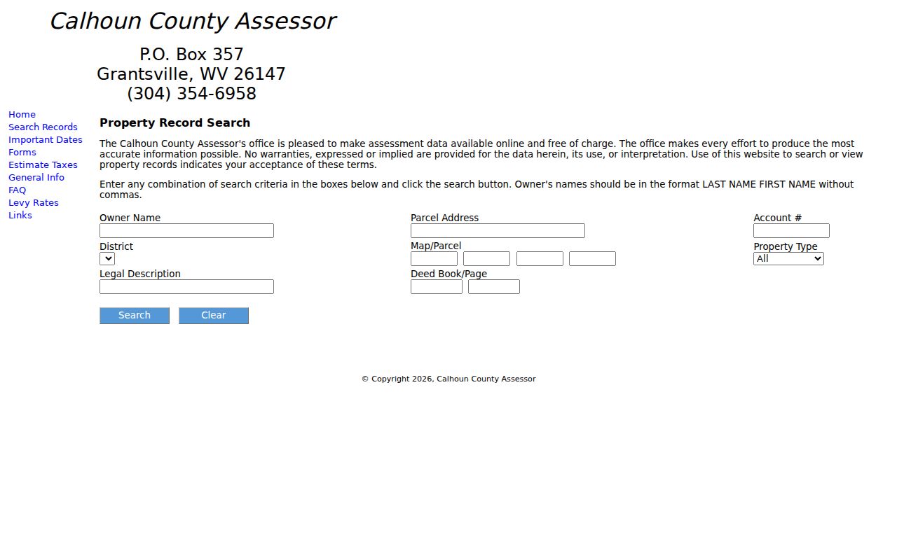 Calhoun County property value lookup through the Assessor's address and owner search form