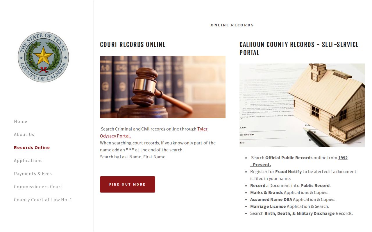 Calhoun County deed and property records links on the County Clerk portal