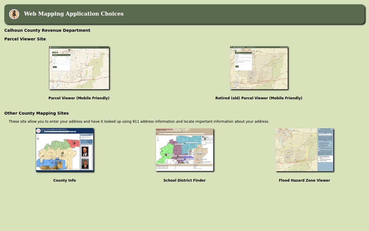 Calhoun County parcel maps and address tools in the county GIS system