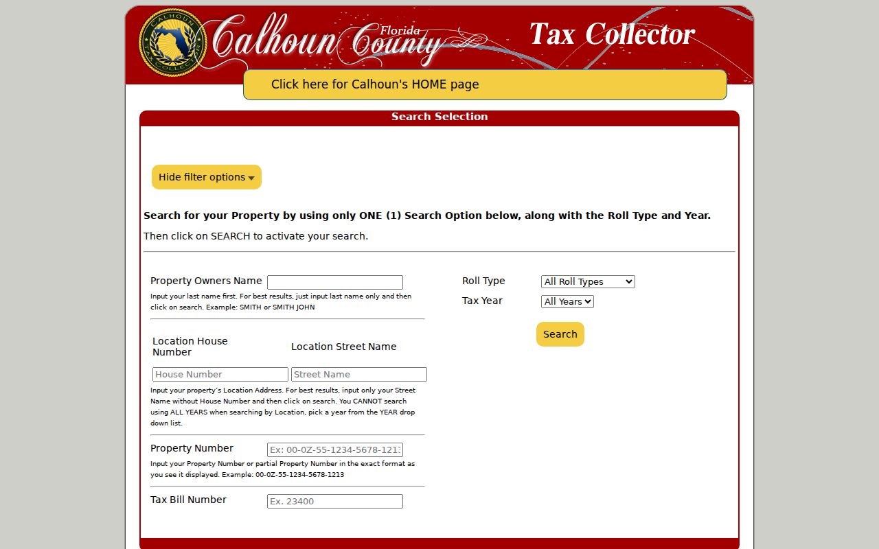 Calhoun County property tax records search with owner, location, property number, and bill options